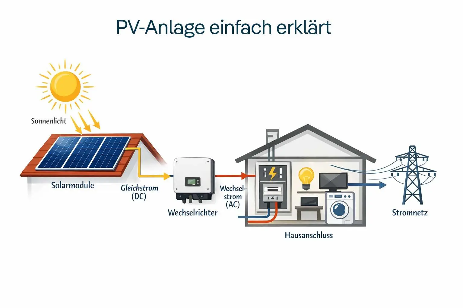 Aufbau einer PV Anlage mit Solarmodulen, Wechselrichter und Hausanschluss