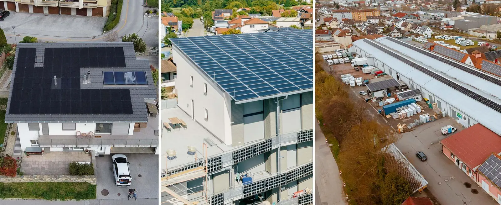 Installation solaire sur une maison individuelle, un immeuble collectif et un bâtiment commercial