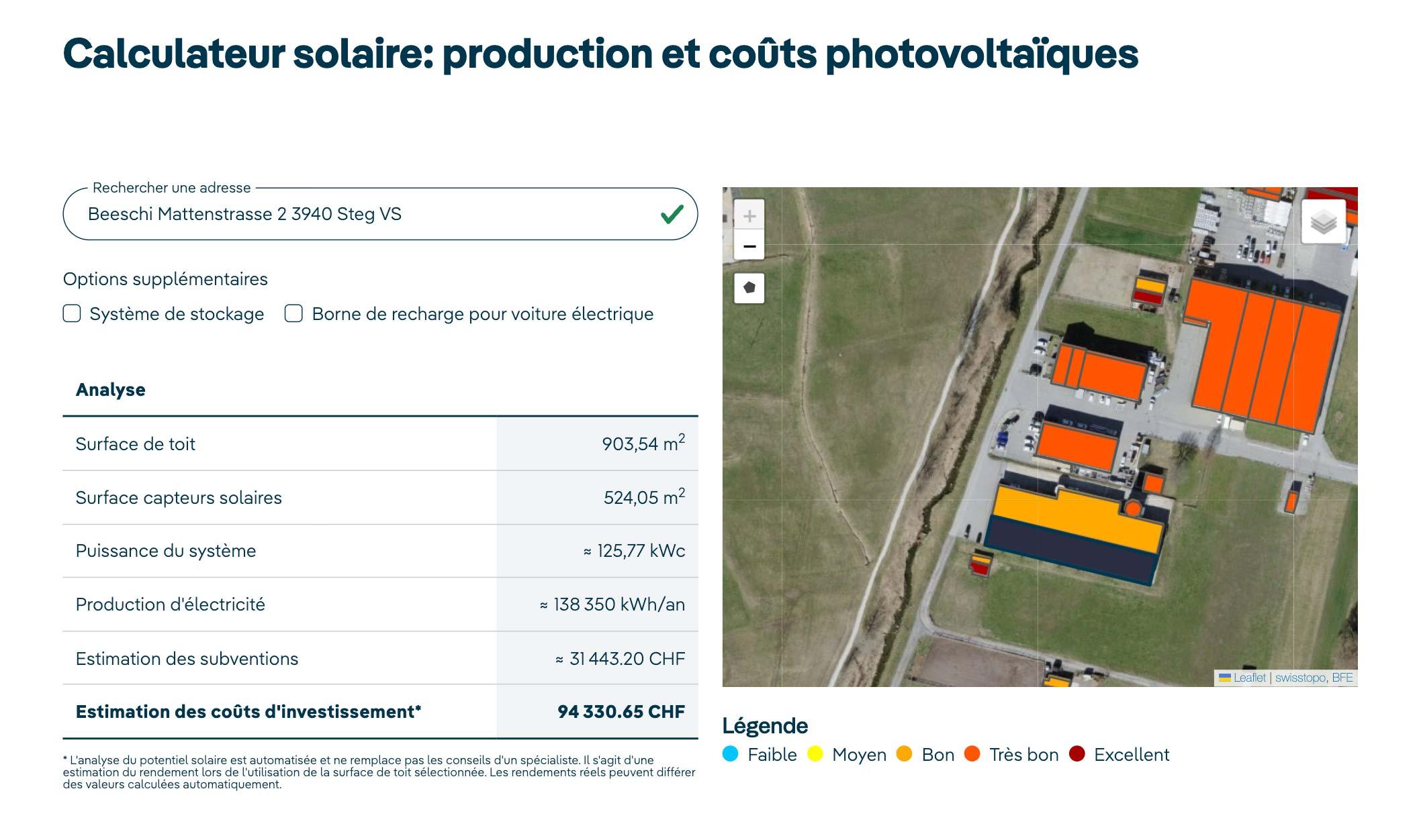 Calculateur solaire de tritec.ch pour estimer le potentiel solaire d’une toiture