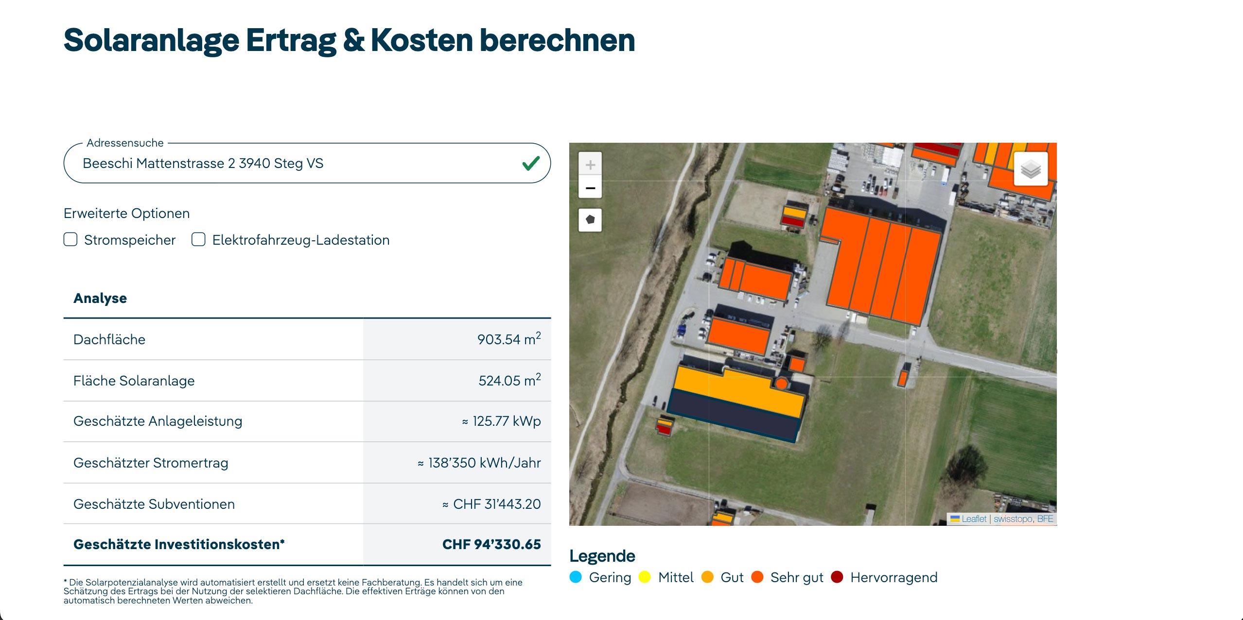 Solarrechner von tritec.ch zur Berechnung von Ertrag und Kosten einer Solaranlage